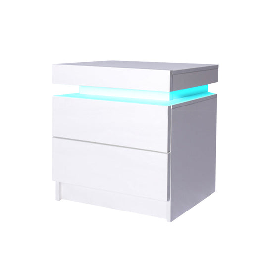 Inuvik LED Bedside Table RGB LED Storage Cabinet High Gloss Nightstand with 2 Drawers - White