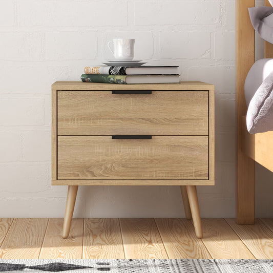 Equimalt Wooden Bedside Table with 2 Drawers - Light Brown