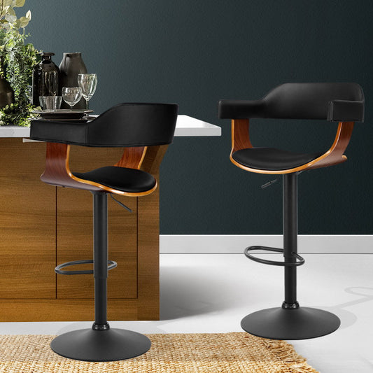 Set of 2 Eindhoven Bar Stool Curved Gas Lift PU Leather - Black