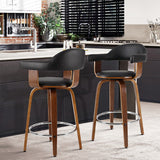 Set of 2 Evora Bar Stools PU Leather Wooden Swivel - Wood,Chrome & Black