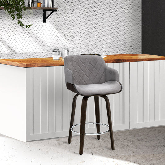 70cm Lleida Velvet Bar Stool Swivel - Grey & Wood