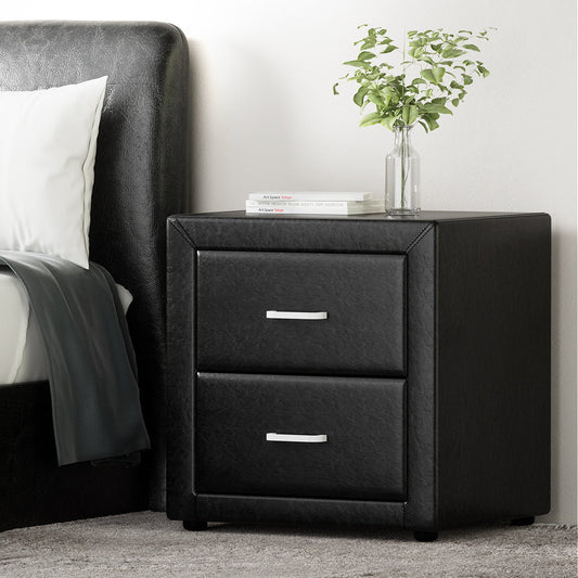 Kildonan PVC Leather Bedside Table with 2 Drawers - Black