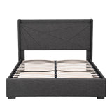 Sicily Bed Frame Gas Lift Storage Bed with Charging Ports Upholstered Geometric Headboard - Charcoal Grey Queen