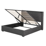 Sicily Bed Frame Gas Lift Storage Bed with Charging Ports Upholstered Geometric Headboard - Charcoal Grey Queen