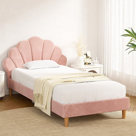 Avalyn Bed Frame Scallop-Shape Bedhead Velvet Fabric - Pink King Single