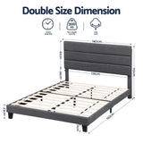 Liora Upholstered Bed Frame with Geometric Headboard Linen Wood Slats - Charcoal Grey Double