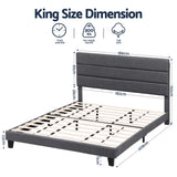 Liora Upholstered Bed Frame with Geometric Headboard Linen Wood Slats - Charcoal Grey King