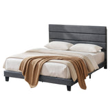 Liora Upholstered Bed Frame with Geometric Headboard Linen Wood Slats - Charcoal Grey King