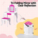 Kids Dressing Table Vanity Makeup Chair Set Wooden 3 Mirror Drawer - Pink