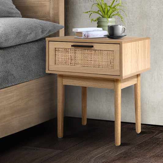 Guelph Wood Rattan Bedside Table Storage Cabinet Rattan Wood Nightstand - Wood