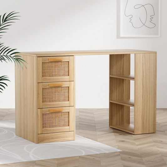 Artiss Computer Desk Drawer Shelf Home Office Study Table Rattan Oak 120cm