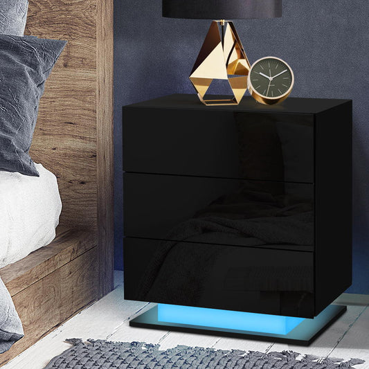 Lachine LED High Gloss Bedside Table Side Table RGB LED Lamp Nightstand Gloss with 3 Drawers - Black