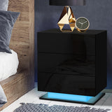 Lachine LED High Gloss Bedside Table Side Table RGB LED Lamp Nightstand Gloss with 3 Drawers - Black