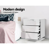Lachine LED High Gloss Bedside Table Side Table RGB LED Lamp Nightstand Gloss with 3 Drawers - White