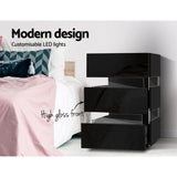 Perce LED High Gloss Bedside Table Side Unit RGB LED Lamp Nightstand Gloss Furniture with 3 Drawers - Black