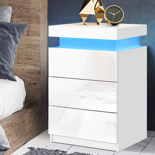 Rimouski LED High Gloss Bedside Table Side Table RGB LED High Gloss Nightstand with 3 Drawers - White