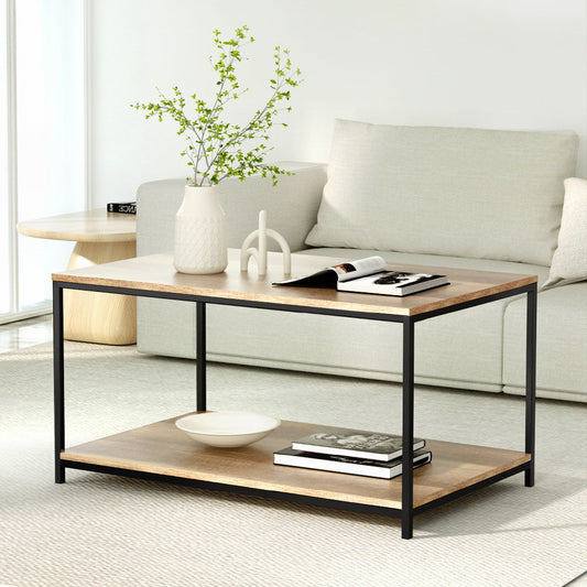 Coffee Table Wooden Rustic Vintage Storage Shelf Metal Frame Black
