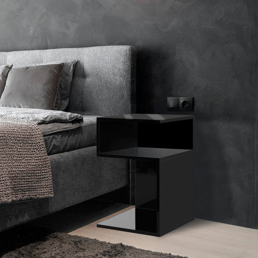 Dawson Wooden High Gloss Bedside Table Wood Nightstand Storage Cabinet Bedroom - Black