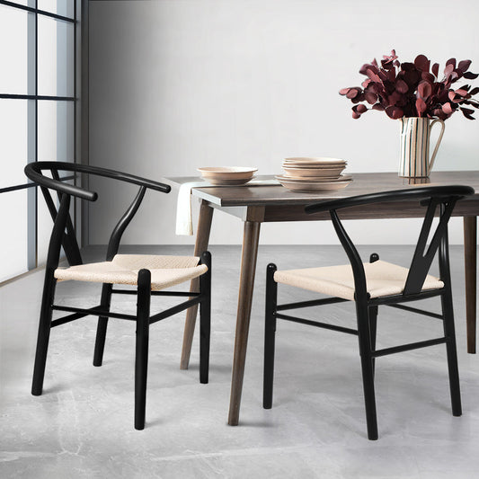 Jett Set of 2 Dining Chairs Wooden Hans Wegner Wishbone Cafe Lounge Seat - Black