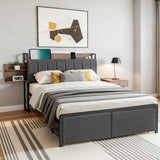 Andy Metal Bed Frame with 2-Tier Hidden Storage and Charging Station - Grey Double