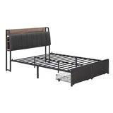 Andy Metal Bed Frame with 2-Tier Hidden Storage and Charging Station - Grey Double