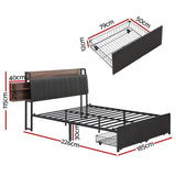 Andy Metal Bed Frame with 2-Tier Hidden Storage and Charging Station - Grey King