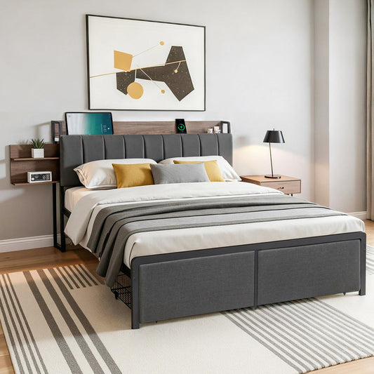 Andy Metal Bed Frame with 2-Tier Hidden Storage and Charging Station - Grey Queen