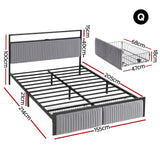 Helena Metal Bed Frame LED Charging Station 2 Drawers - Black Queen
