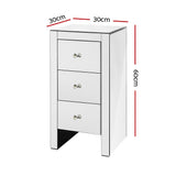 Rouyn Mirrored Bedside Table Mirrored Furniture Mirror Glass with 3 Drawers - Silver
