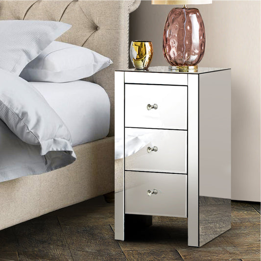 Rouyn Mirrored Bedside Table Mirrored Furniture Mirror Glass with 3 Drawers - Silver