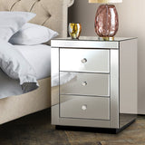 Batoche Mirrored Bedside Table Mirrored Furniture Mirror Glass with 3 Drawers - Silver