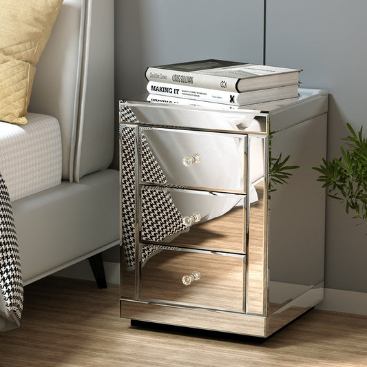 Set of 2 Batoche Mirrored Bedside Tables Glass with 3 Drawers - Silver
