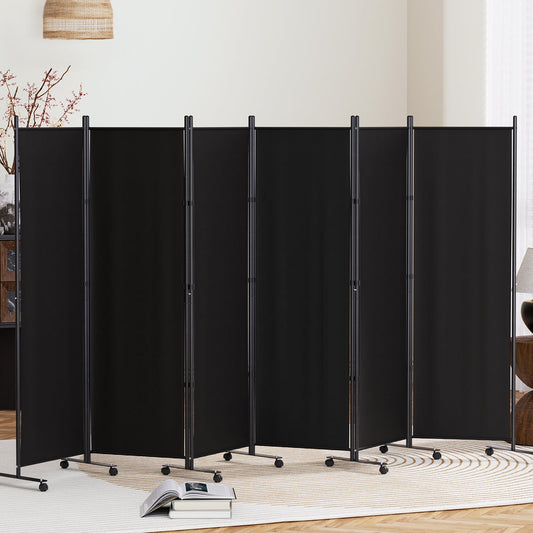 6 Panel Room Divider Screen 323cm Wheel Fabric - Black