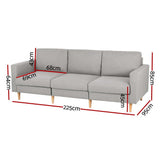 Mola 3-Seater Sofa 225cm Linen Fabric - Grey