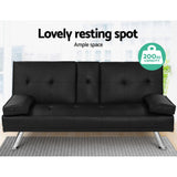 Madaline 2-Seater Leather Cup Holder Futon Sofa Bed Lounge Couch - Black