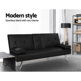 Madaline 2-Seater Leather Cup Holder Futon Sofa Bed Lounge Couch - Black
