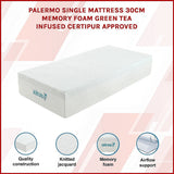 Kairos 30cm Green Tea Memory Foam Mattress Cooling Comfort - Single