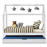 Mason Trundle Wooden House Bed Frame Pine Timber Platform - White Single