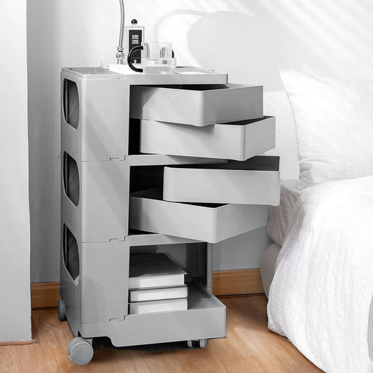 Vernon PP Plastic Bedside Table Side Table Nightstand Organizer Replica Boby Trolley 5 Tier with 4 Drawers - Grey