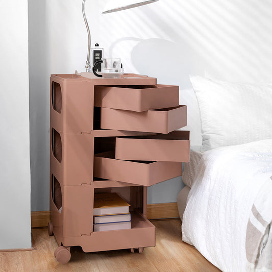 Vernon PP Plastic Bedside Table Side Table Nightstand Organizer Replica Boby Trolley 5 Tier with 4 Drawers - Pink