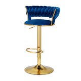 Saldus Bar Stools Gas Lift Velvet Woven Backrest - Navy & Gold