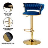 Set of 2 Saldus Bar Stools Gas Lift Velvet Woven Backrest - Navy