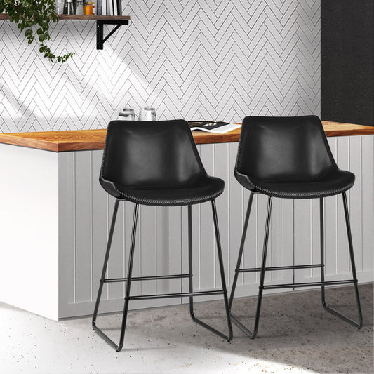 Set of 2 Toulon Bar Stools Kitchen Metal Bar Stool Dining Chairs PU Leather - Black