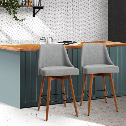 Set of 2 Vicenza Wooden Fabric Bar Stools Square Footrest - Grey
