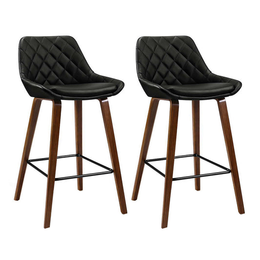 Set of 2 Aveiro Bar Stools Bentwood PU Leather Diamond Pleat - Black