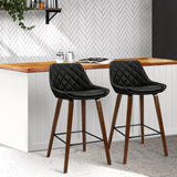 Set of 2 Aveiro Bar Stools Bentwood PU Leather Diamond Pleat - Black