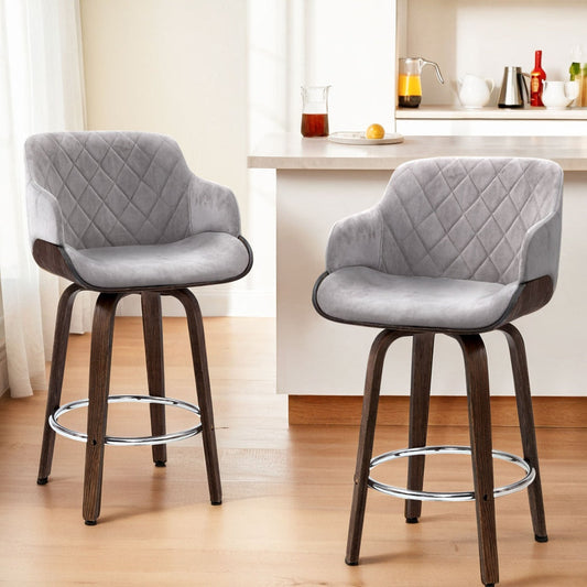 Set of 4 Lleida Bar Stools Swivel Velvet Padded Wooden - Grey