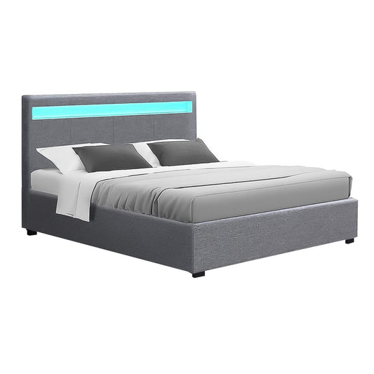 Boston LED Bed Frame Fabric Gas Lift Storage - Grey Double