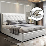 Savannah Bed Frame PU Leather Gas Lift Storage - White Queen