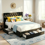 Naya Bed Frame Storage Charging Station Upholstered 3 Drawers USB Type-C - Black Double